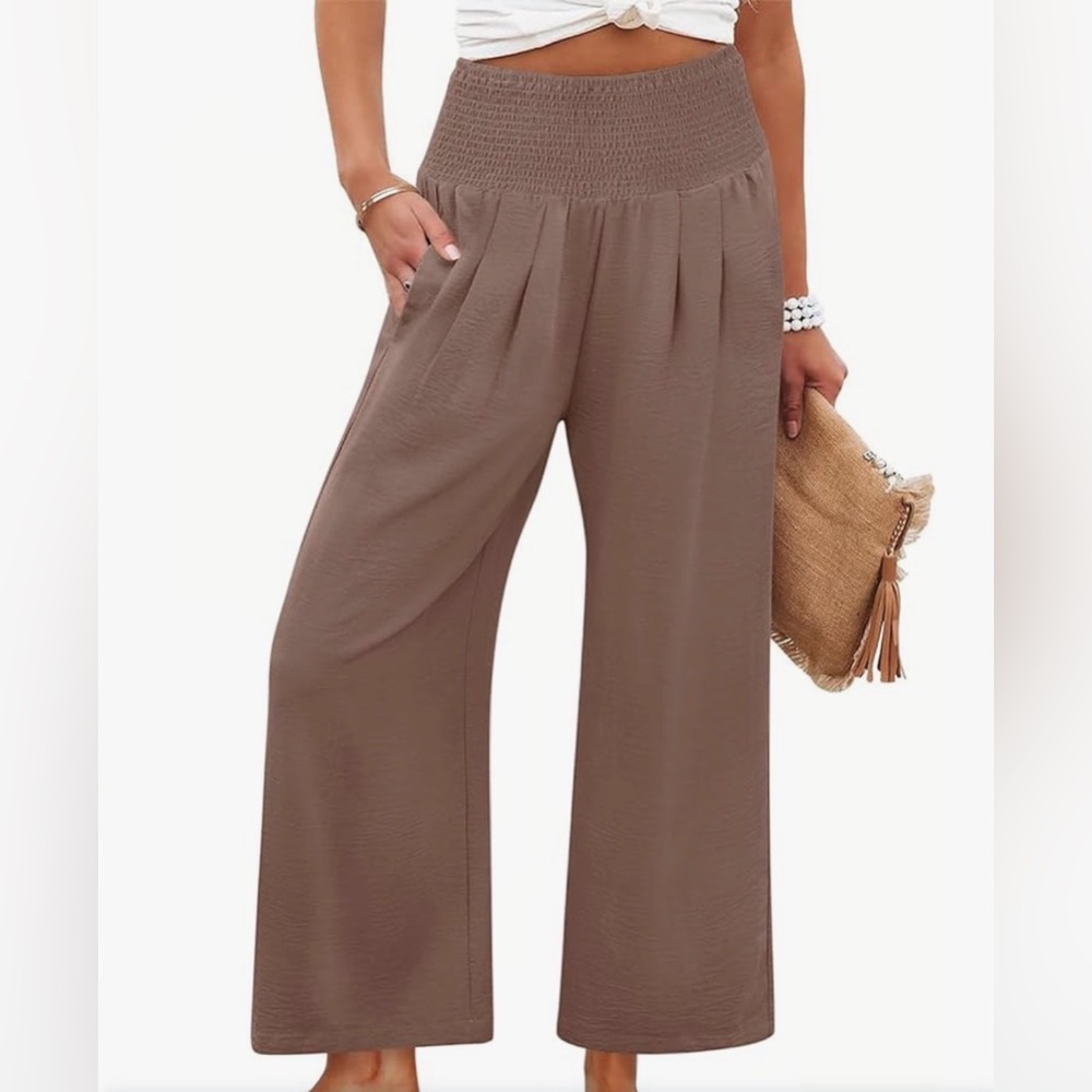 Wide Leg High-Waist Smocked Jumpsuit Pants — Taupe